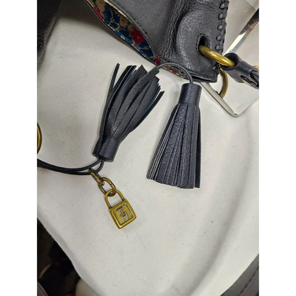 Tommy Hilfiger Black Pebbled Leather Hobo Bag Floral Lining NWT Tassel Purse